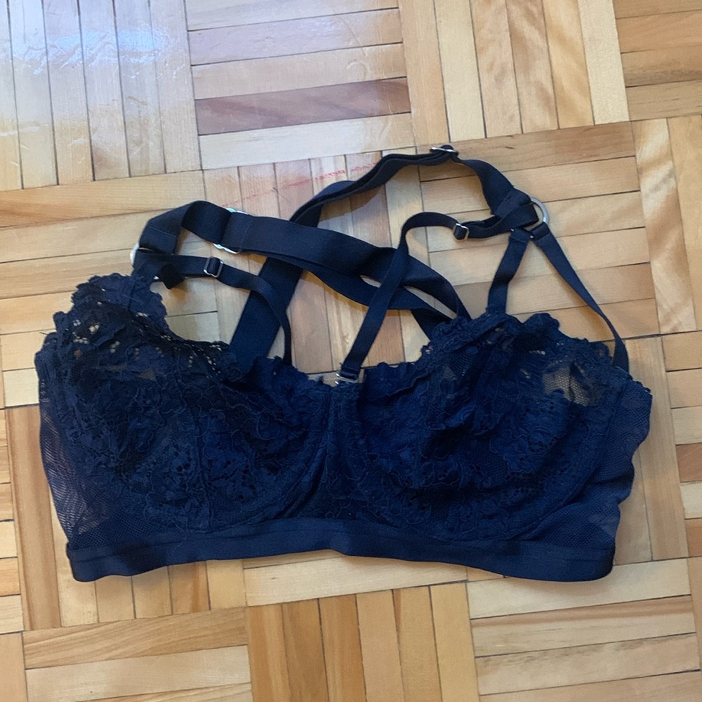 Dark blue strappy lace bra